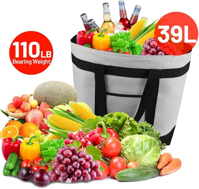 mosago 2PK Insulated Grocery Tote Bags, Large 39L Reusable Cooler Bags with Zipper, Leak-Resistant Thermal Shopping Bag for Food Delivery, Beach, Travel, Picnic & Camping, Collapsible