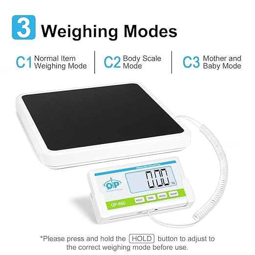 QP Medical Scale, 660lb x 10g/20g/50g High Accuracy Medical Grade Scale, Scale for Body Weight with Stainless Steel Platform, Digital Weight Scale, Switchable kg/oz/lb, Battery & AC Adapter Included