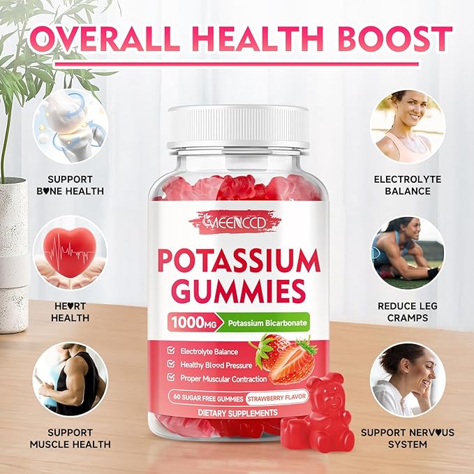 2 Pack Potassium Gummies 1000mg, Potassium Bicarbonate Supplement for Adults & Kids, Potassium Supplement for Electrolyte Balance & Muscle Heath, Sugar-Free, Strawberry Flavor, 120 Count