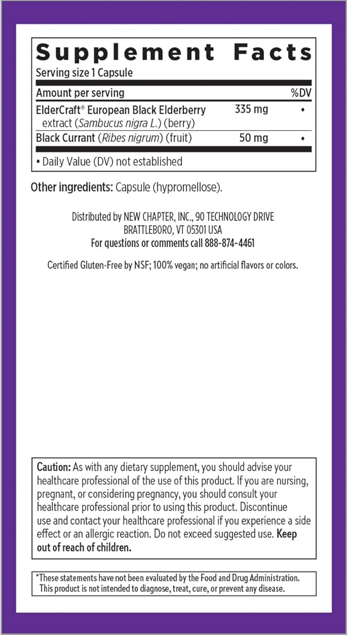 New Chapter Vegan Elderberry Capsules with 64x Concentrated Black Elderberry + Black Currant for Comprehensive Immune Support, Non-GMO Project Verified, Gluten Free, Certified Vegan, 60 Count