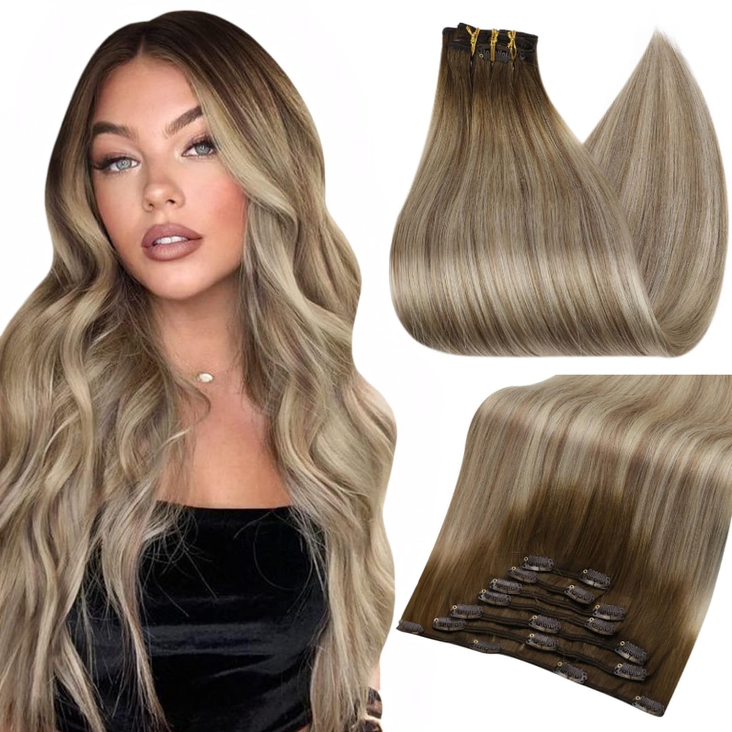 Full Shine Brown Clip In Hair Extensions Real Human Hair Short Hair Ombre Clip In Extensions Color 3 To 8 And 22 Blonde Balayage
