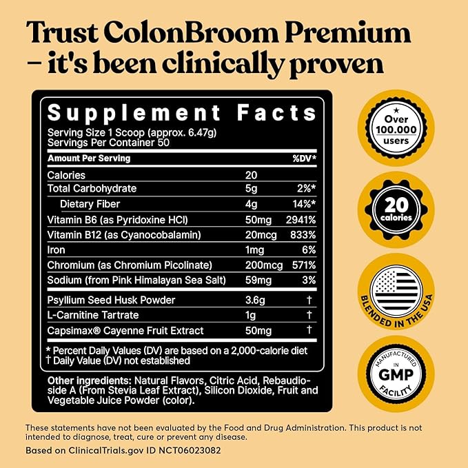 ColonBroom Premium Weight Management Supplement (Strawberry) - Colon Broom Psyllium Husk Fiber Powder Drink - Gluten Free, Non-GMO Colon Cleanse for Bloating Relief & Gut Health, 100 Servings
