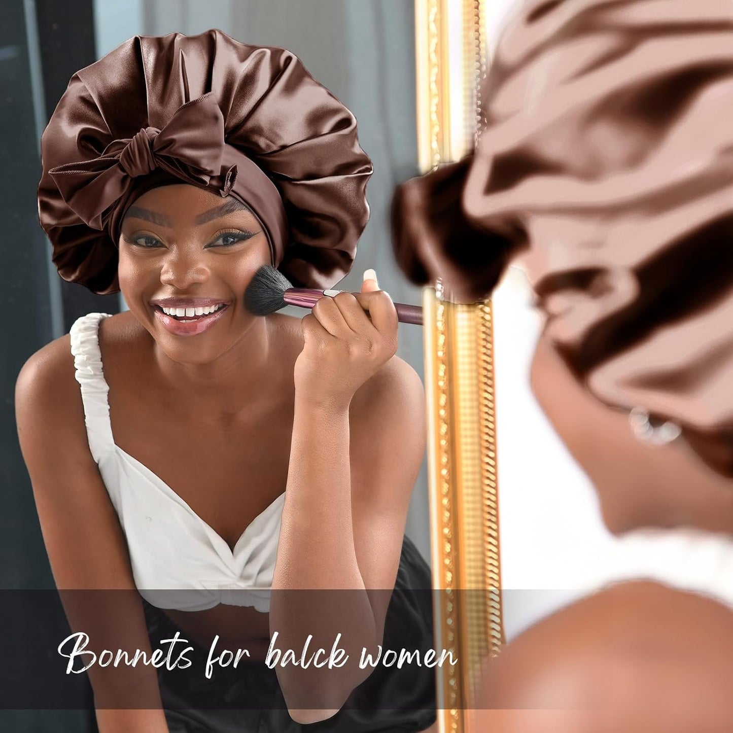 Silk Sleeping Bonnet for Women | Double Layer Satin Lined | Curly Hair, Black