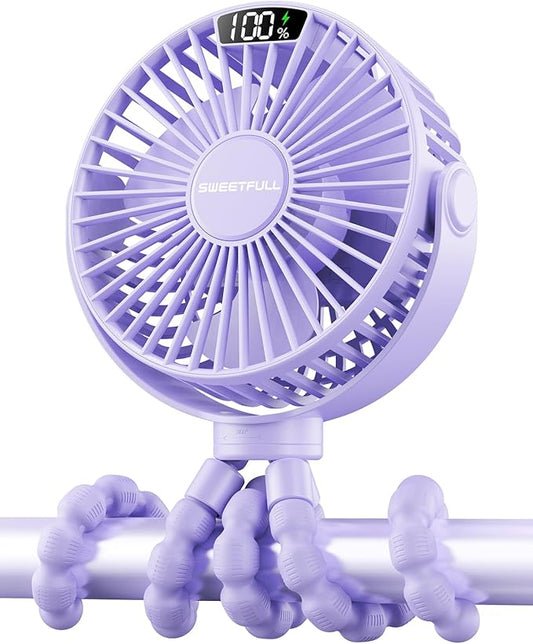 SWEETFULL Portable Stroller Fan with LED Display, 4 Speed Rechargeable Mini Clip On Fan, 360° Rotate Flexible Tripod Better Cooling Small Baby Fan for Car Seat Crib Travel Bike Treadmill (Purple)