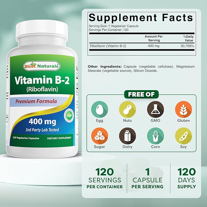 Best Naturals Vitamin B2 (Riboflavin) 400mg - Migraine Relief - Veggie Capsules - Conezyme Precursor - 120 Count (120 Count (Pack of 3))