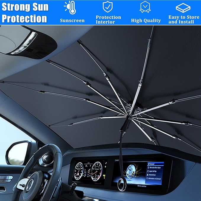 JDDRY Car Front Windshield Sun Shade with Pull Cord, Umbrella Sun Shade for Windshield, 2024 Sun Shades Cover for Small Car/Sedan/Compact SUV (140x74cm)