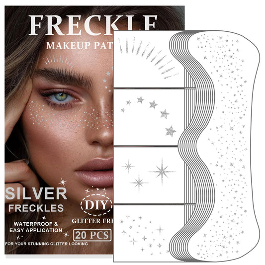 20PCS Glitter Freckles, Glitter Freckles Face Tattoo, Sparkle Freckles for Women and Kids, Cute Star Waterproof Silver Temporary Face Tattoos Glitter Glow Up Patches Makeup Patches (Silver)