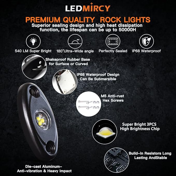 LEDMIRCY R1 Pure White Rock Lights 40PCS High Power Underbody LED Rock Lights White for Off Road Truck ATV UTV SUV RZR Trail Rig Light Auto Car Boat Waterproof Shockproof Underglow Light