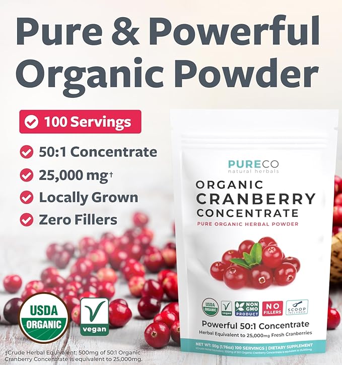 USDA Organic Cranberry Concentrate (50:1) Powder - 500mg is Equivalent to 25,000mg of Fresh Cranberries - for Kidney Cleanse & UTI Support Vitamins - Women - Supplement - 100 Servings - No Pills