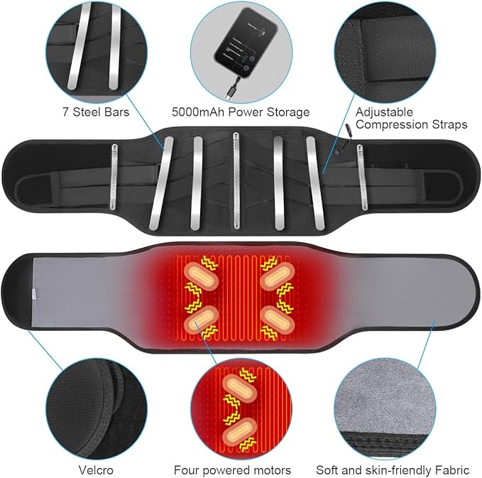 Cordless Heating Pad Back Massager Brace for Lower Back Pain Relief, Heated Back Brace Vibration Wrap with Rechargeable Battery, Heating Lumbar Support Belt with Massage for Cramps (M)
