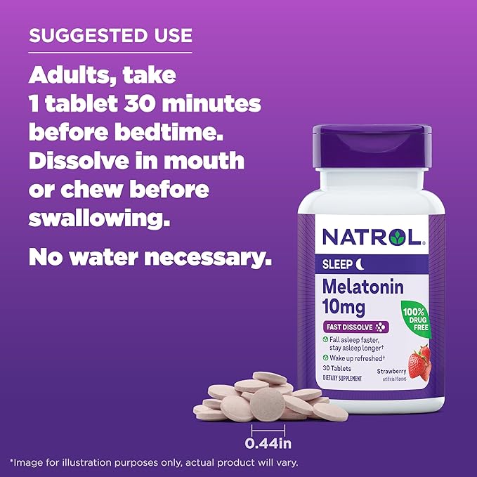 Natrol Fast Dissolve Melatonin 10 mg, Melatonin Supplements for Restful Sleep, Sleep Support for Adults, 30 Strawberry-Flavored Tablets, Up to a 30 Day Supply