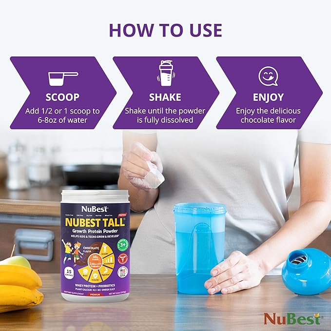 NuBest Tall Protein Powder for Kids & Teens - Chocolate Protein Powder Shake - Protein Drink with Probiotics, Omega 3-6-9, Vitamin D3 + K2, Calcium, Vitamins - Bone Strength and Immunity - Pack 3