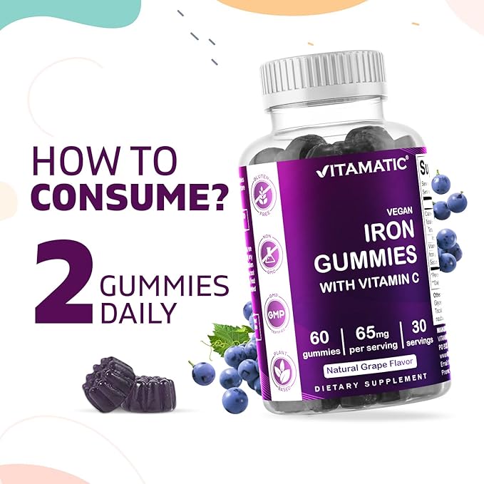 Vitamatic Iron 65 mg Gummies Supplement for Women & Men - 60 Vegan Gummies - Great Tasting Iron Gummy Vitamins with Vitamin C (3)