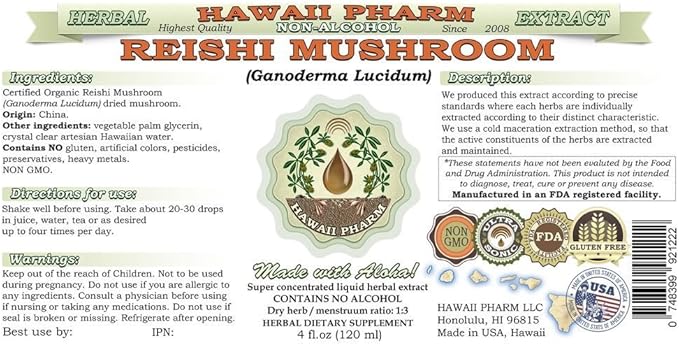 Reishi Alcohol-Free Liquid Extract - Tonic of Emperors, Organic Reishi Mushroom (Ganoderma Lucidum) Dried Mushroom Glycerite Natural Herbal Supplement, Hawaii Pharm, USA 64 fl.oz