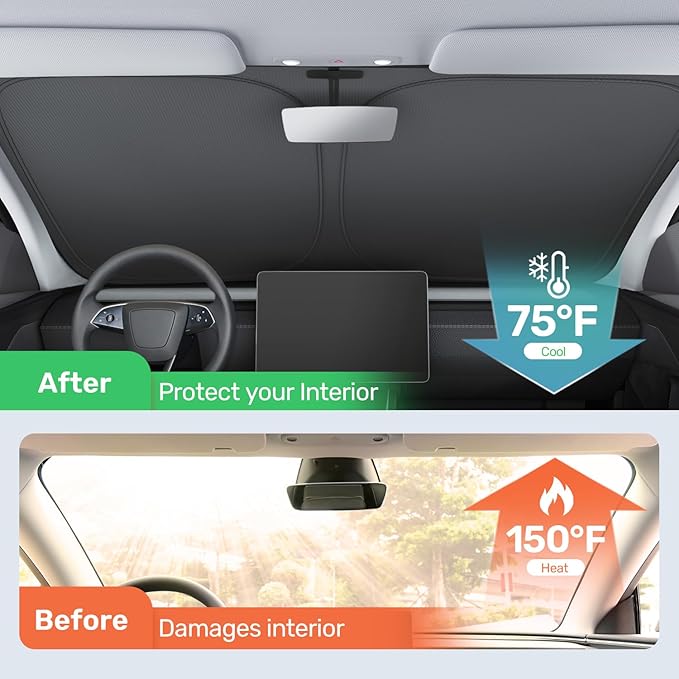2025 Upgraded Zanch Car Front Windshield Sun Shade- Ultimate UV Protection & Heat Reduction|OEM Design|Innovative No Light Leakage Technology|4-Layer Protection|Fit for Tesla Model S (2016-2025)