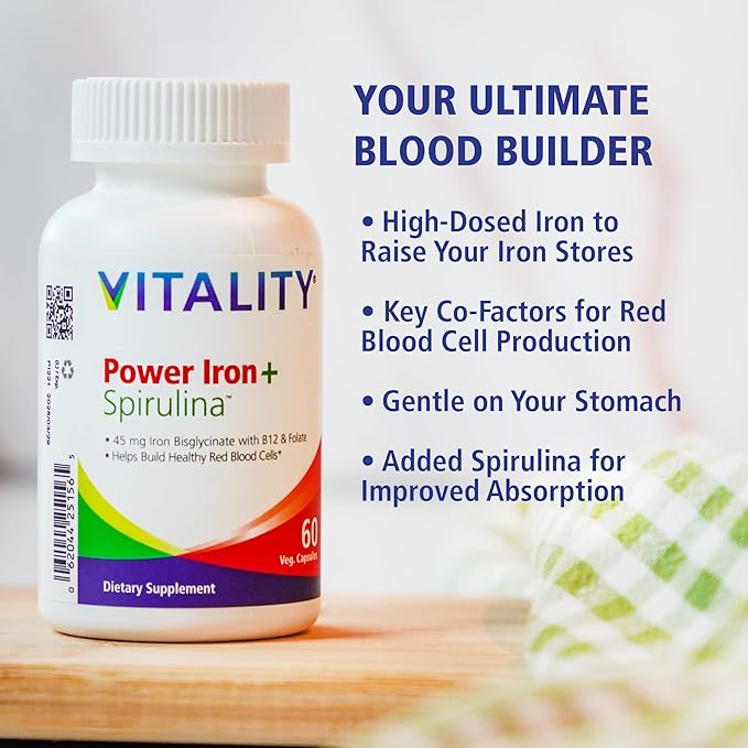 Vitality Power Iron + Spirulina | 45mg Iron | Blood Builder | Iron Deficiency Support | Vegan | All Natural Supplement | Gentle on Stomach | 30 Capsules