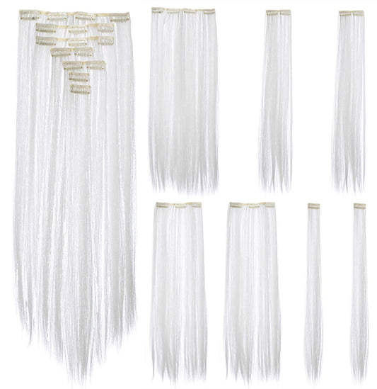 Swacc 7 Pcs Full Head Party Highlights Clip On In Hair Extensions Colored Hair Streak Synthetic Hairpieces (22-Inch Straight, Wh