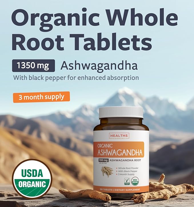 USDA Organic Ashwagandha (180 Vegetarian Tablets) 1350mg Ashwaganda Root Powder Per Serve with Black Pepper - Natural Adrenal Support, Cortisol & Thyroid Support, Immune Support (No Pills or Capsules)