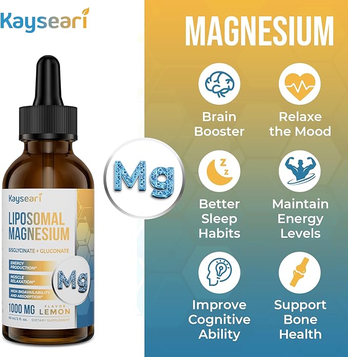 High Strength Liposomal Magnesium Drops, Easily Absorbed Chelated Forms of Magnesium Bisglycinate and Magnesium Gluconate, 60ML Lemon Flavored Liquid Drops
