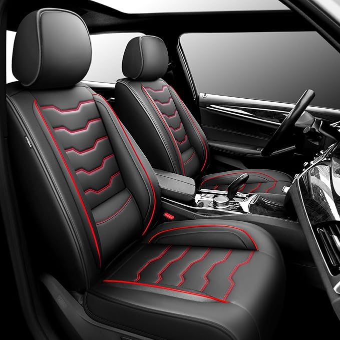 Fit Kicks Car Seat Covers， Compatible with Nissan Kicks 2018-2026 -Premium Leather, Waterproof Breathable All-Weather Seat Cushion Protector Airbag Compatible（2 Seats Front Pair，Red Line Black