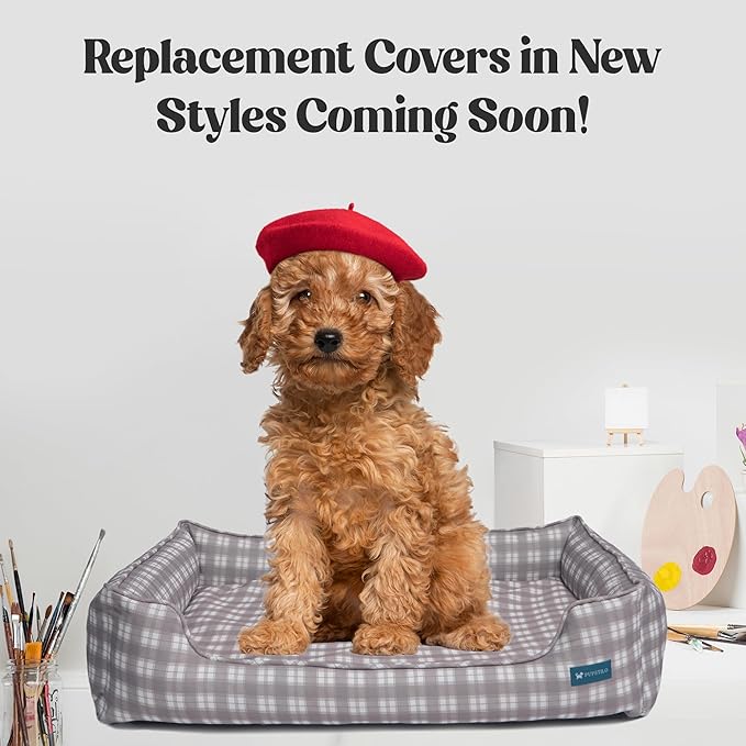 Orthopedic Bolster Dog Bed – CertiPUR-US Foam, Recycled Polyester Canvas, Washable Cover, Anti-Slip Bottom, Small, Light Blue Check – Stylish Designer Dog Sofa