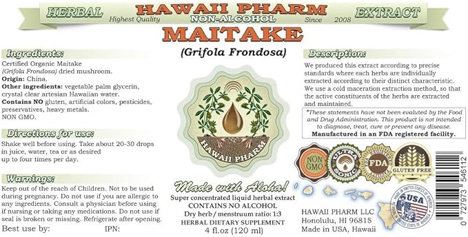Maitake Alcohol-Free Liquid Extract, Organic Maitake (Grifola Frondosa) Dried Mushroom Glycerite Natural Herbal Supplement, Hawaii Pharm, USA 15x4 oz