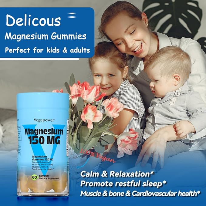 Magnesium Gummies for Kids & Adults, Magnesium Citrate Supplements for Sleep, Muscle/Bone and Relaxation, Chewable Magnesio, Mango | 60 Vegan Bears