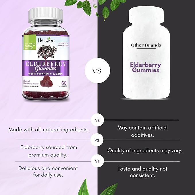 HERBION Elderberry Gummies with Vitamin C & Zinc - Healthy Immune System Support - Gluten-Free & Gelatin-Free - 60 Gummies for Adults & Children 4 Years & Above - Made in USA, 60 Count (Pack of 1)