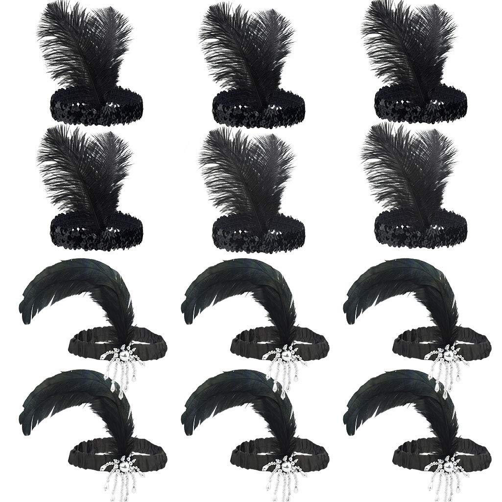 Tongcloud 12Pcs 1920S Flapper Headband, Costume Flapper Headpiece For Women, Black Feather Headband, Great Gatsby 1920S Hair Acc
