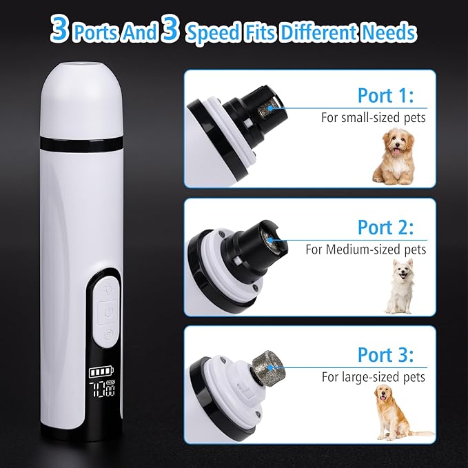 Pet Nail Grinder for Dogs and Cats - Super Quiet and Low Vibration Electric Dog Nail Grinder with 2 LED Lights - USB Rechargeable and Cordless - 3 Speeds - Small to Large Pets (White)