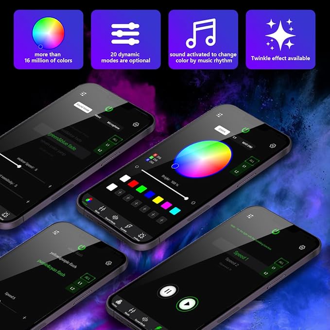 AMKI Dual Color 20W Twinkle Starlight Headliner Kit 1200pcs*0.03in*9.8ft Cables Fiber Optic Light Cable Sound Activated Music Mode APP/Remote Control Dual Port Light Box for Car Home Roof Decor