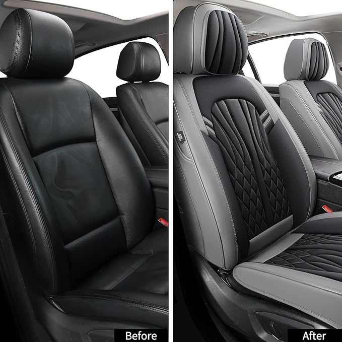 Leather Car Seat Covers,Breathable and Waterproof Faux Leather Automotive Seat Covers for Cars SUV Truck Sedan,Universal Driver Seat Cover Grey&Black