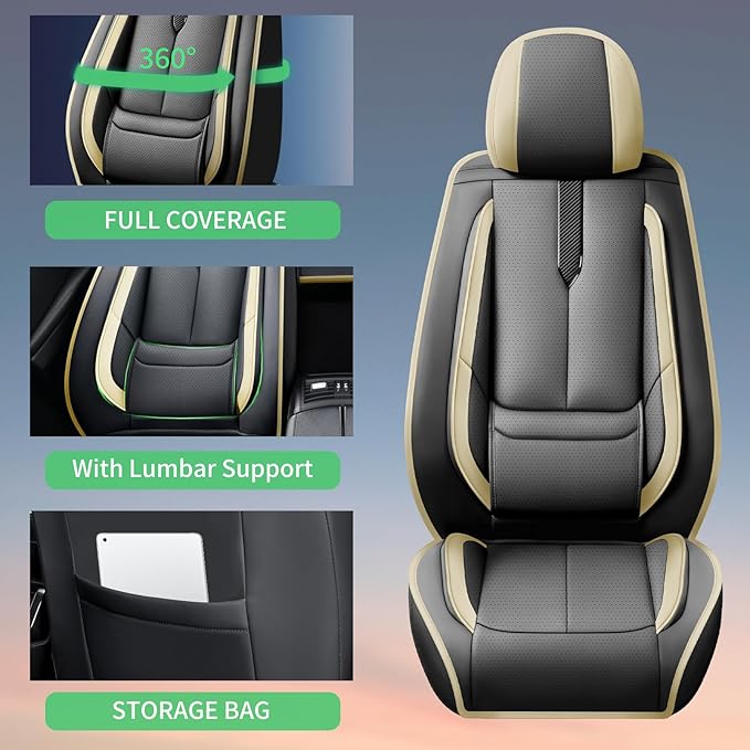 Fit CRV Car Seat Covers for Honda CR-V 2013-2024 2025 2026 -Upgraded Premium Waterproof & Breathable Leather,Airbag Compatible,All-Weather Seat Cushion Protector,2 Front/Black-Beige