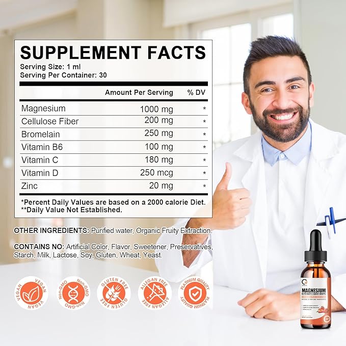 Magnesium Glycinate Liquid Drops,1000 mg Liquid Magnesium Supplement with Bromelain, Vitamin B6 C D, High Absorption Magnesium Complex for Night, Muscle & Energy Support, 1 Fl Oz (Pack of 2)