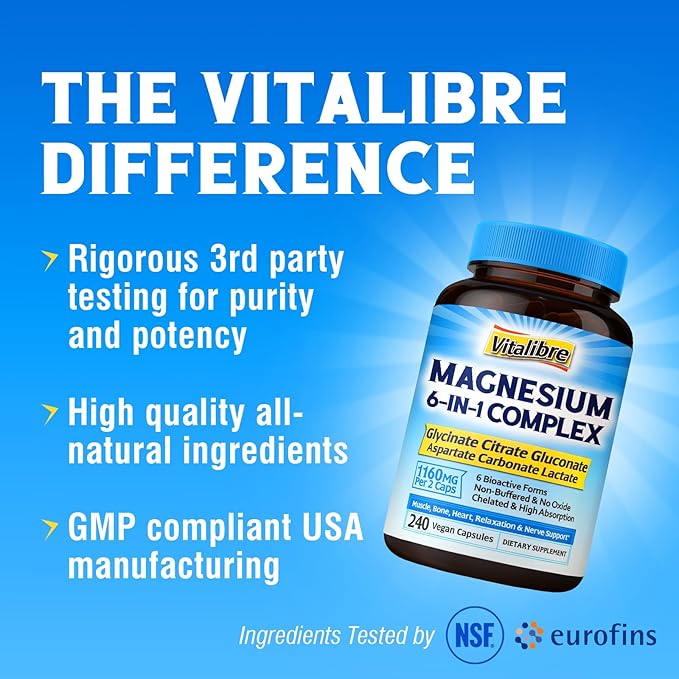 Magnesium Complex Supplement 6 in 1, 1160mg Chelated Magnesium Glycinate, Citrate, Aspartate, Gluconate, Carbonate & Lactate for Sleep, Calm & Muscle, No Oxide