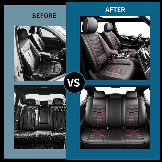 Fit Accord Car Seat Covers Premium Leather for Honda Accord 2012-2025 2026. Waterproof， Breathable, Scratch-Resistant & All-Weather Seat Cushion Protector（Full Set,Red Line Black