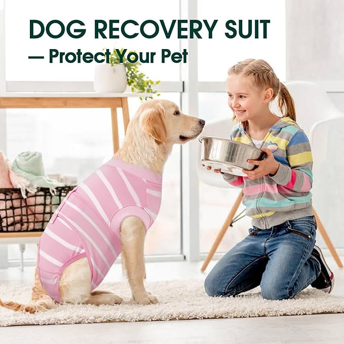Kuoser Recovery Suit for Dogs After Surgery, Soft Dog Surgery Suit Female Anti Licking Dog Onesie E-Collar & Cone Alternative, Breathable Pet Surgical Recovery Shirt, Pink Strips L