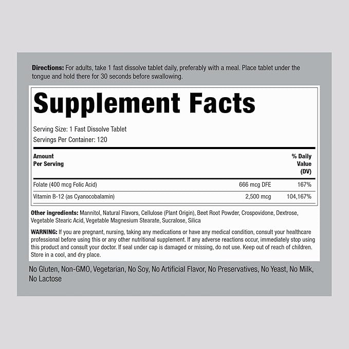 Piping Rock Vitamin B12 Sublingual | 2500 mcg | 120 Tablets | with Folic Acid | Supplement for Women and Men | Berry Flavor | Vegetarian, Non-GMO, Gluten Free