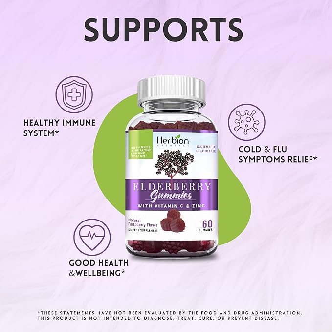 HERBION Elderberry Gummies with Vitamin C & Zinc - Healthy Immune System Support - Gluten-Free & Gelatin-Free - 60 Gummies for Adults & Children 4 Years & Above - Made in USA, 60 Count (Pack of 1)
