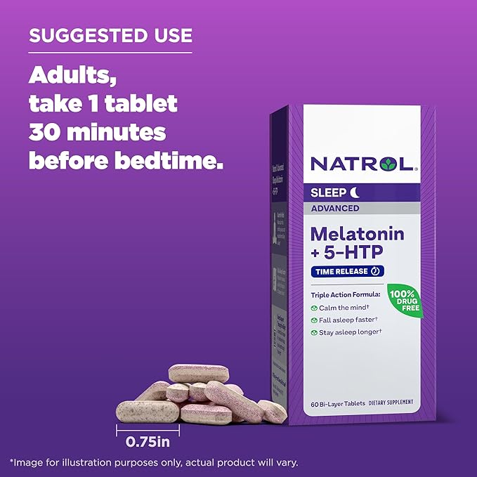 Natrol Advanced Sleep Melatonin + 5HTP, 6mg, Calming Sleep Aid for Restful Sleep, 60 Time-Release Tablets, 60-Day Supply