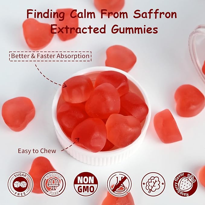 Saffron Gummies for Adults Kids - Organic Saffron Extract Supplement for Men Women Sugar Free for Mood Balance Support Better Sleep Metabolism with Vitamins Non GMO Strawberry Flavored 30 Days Supply