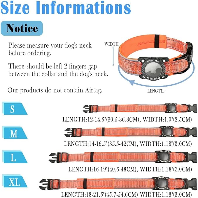 Upgraded AirTag Dog Collar, IP68 Waterproof Dog Collar with Apple Air Tag Holder, Reflective Adjustable Heavy Duty Dog Collars with Soft Padded for Small, Medium and Large Dogs,Orange, M