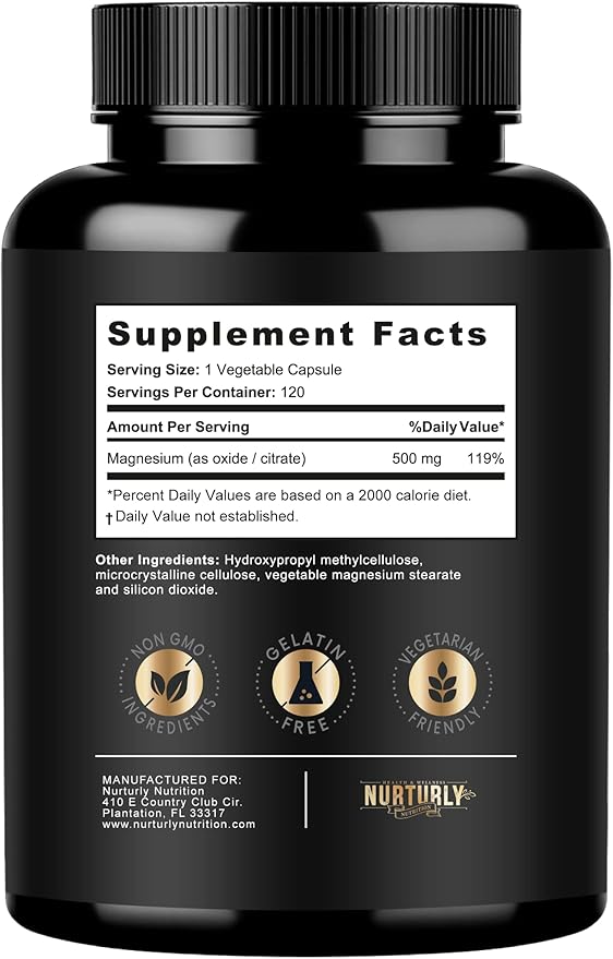 Magnesium Citrate & Oxide 500mg Complex Supplement - High Absorption Maximum Strength - Helps Support Bone Density and Strength, Muscles, Energy and Sleep - 240 Vegan Capsules