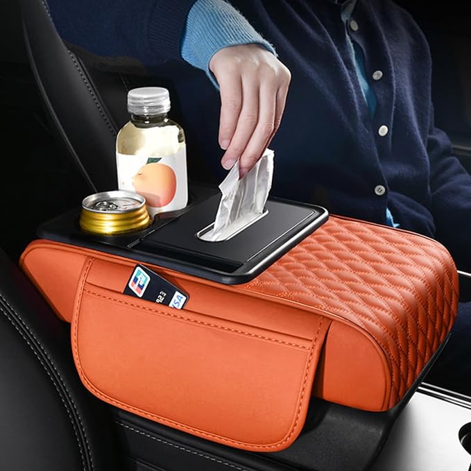 Car Center Console Armrest Pad, Arm Rest Box Cushion with Ergonomic Height Boost, Storage Pockets, Built-in Tissue Box, Cupholder, Fit for Most Sedan Vehicles (Embroidery Water Ripple, Black-Red)