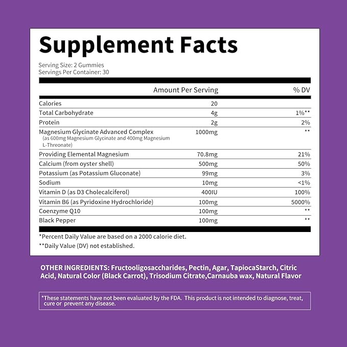 Magnesium Glycinate Gummies 1000mg - Sugar Free Magnesium Potassium Supplement with Vitamin D, B6, CoQ10 for Calm Mood & Sleep Support - 120 Blueberry Gummies