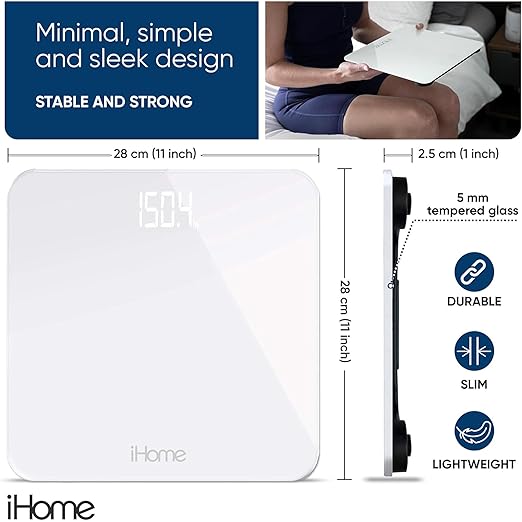 iHome Digital Scale, Bathroom Scale, Batteries Included, Scale Body Weight, Weight Scale, Digital Scale, Bathroom Scales for Weight, Digital Scales for Body Weight, Weight Scales Bathroom (White)