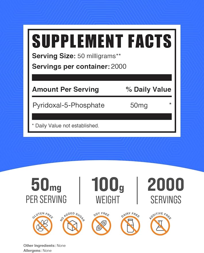 BulkSupplements.com Pyridoxal 5 Phosphate Powder - P-5-P Vitamin B6 Supplement, P-5-P 50mg - P5P Supplement, Gluten Free, 50mg of per Serving, 100g (3.5 oz) (Pack of 1)