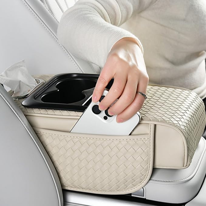 Car Armrest Cushion Cover Car Center Console Memory Foam Booster Pad with Storage Pocket and Tissue Hole for Sedan Vehicle (Cupholder - BlackRed, 13.39 * 7.68 * 2.95'' / 34 * 19.5 * 7.5cm)