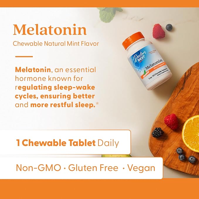 Doctors Best Melatonin, Sleep Support, Non-GMO, Gluten Free Vegan, Natural Mint Flavor 120 Chewable Tablets