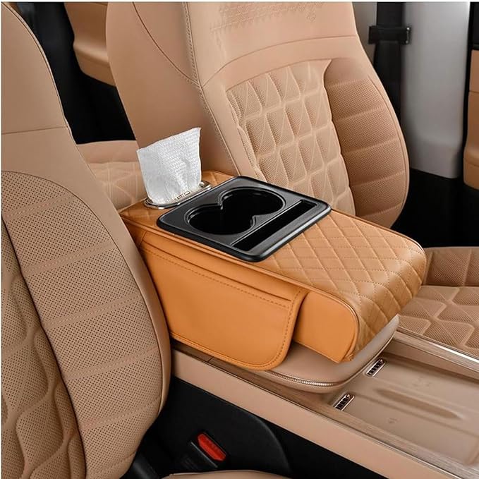 Car Armrest Cushion for Toyota Crown Majesta VI 2009-2015 2016 2017 2018, Car Center Console Cover Armrest Pad with Cup Holder and Tissue Box, Car Accessories,Orange